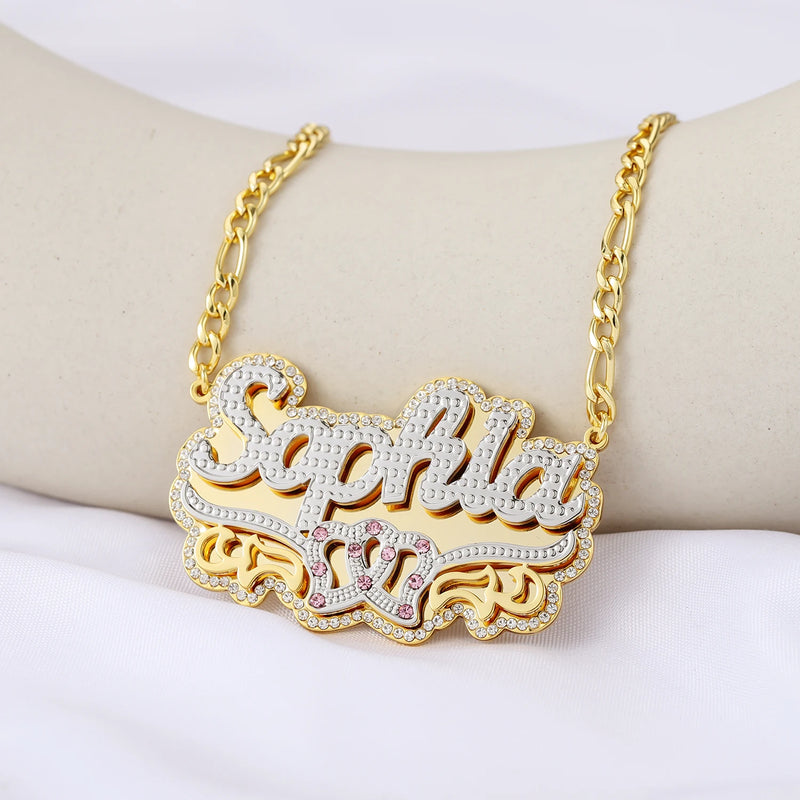 Personalized 18KGold Plated Name Necklace Double Diamond Choker