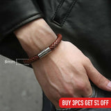 Brown Braided Leather Bracelet Stainless Steel Clasp