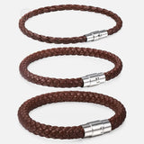 Brown Braided Leather Bracelet Stainless Steel Clasp