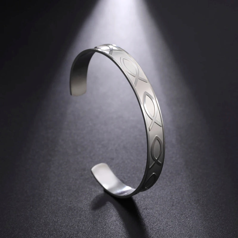 Christian Symbol Jesus Fish Cuff Bracelet Religious Faith Pray Catholic Bangle
