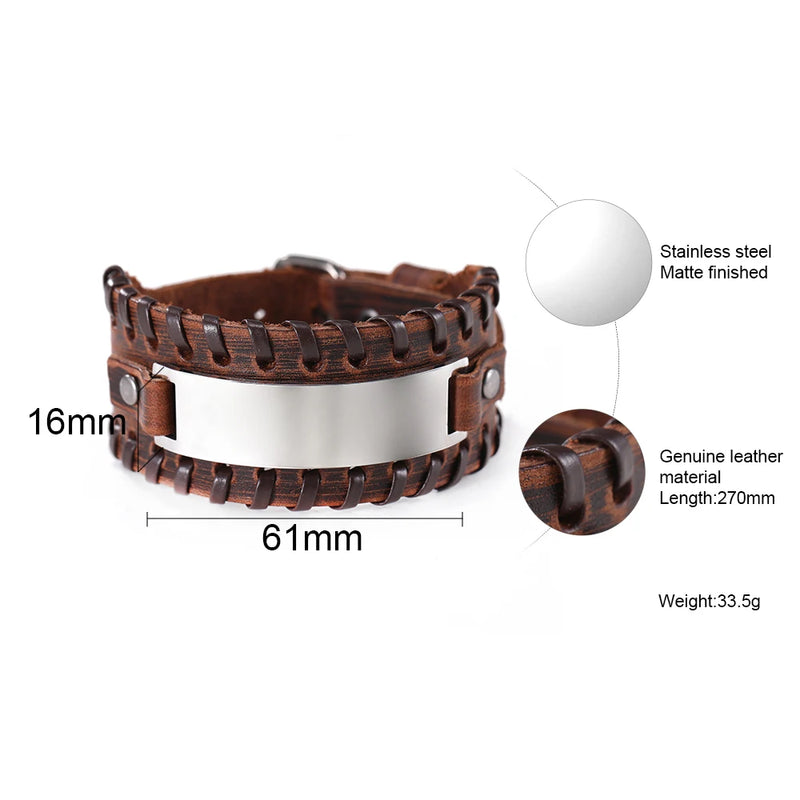 Custom Stainless Steel Leather Bangle Bracelet