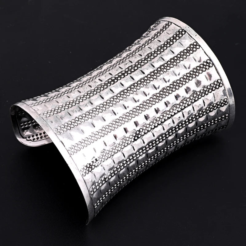 Vintage Tibetan Silver Bracelet Huge Open Cuff Bangle Carved Stripe Women Jewelr