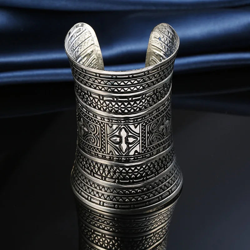Vintage Tibetan Silver Plated Bracelet Huge Open Cuff Bangle Flower Carving