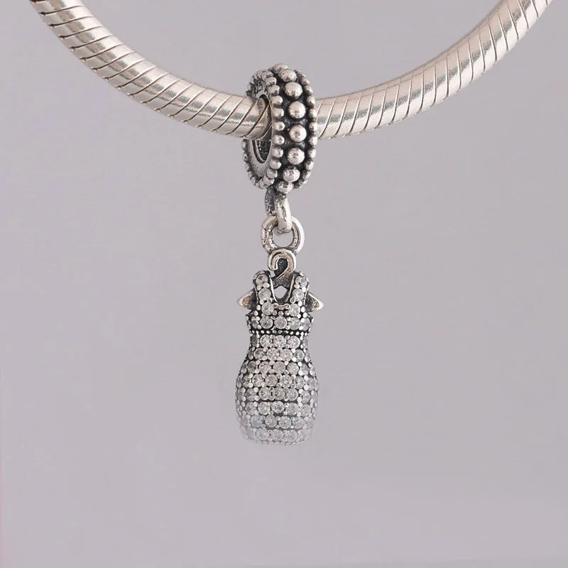 Dazzling Dress Dangle Charm with Clear CZ 925 Sterling Silver Beads DIY Jewelry
