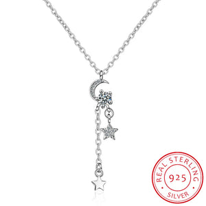 Micro CZ Moon Star Tassels Pendant Silver Necklace Gift S-N239