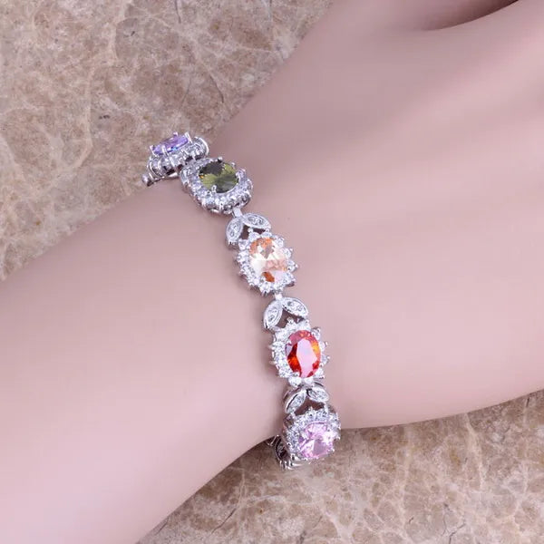 Multicolor Brown Morganite Silver Chain Bracelet 7 inch
