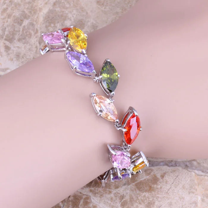 Multicolor Multigem Silver Plated Link Chain Bracelet 7 - 8 inch