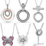 Pink Butterfly Double Circles Daisy Flower Pendant Necklace 925 Sterling Silver