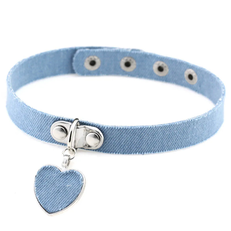 Denim Heart Pendant Choker Necklace For Women