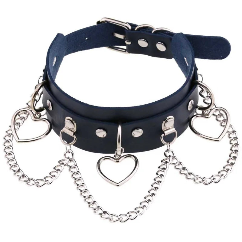 Goth Punk Silver Tassel Chain Heart Choker Necklace Women Vintage PU Leather
