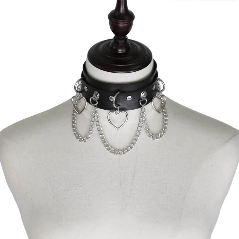 Goth Punk Silver Tassel Chain Heart Choker Necklace Women Vintage PU Leather