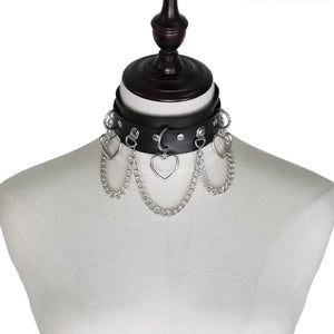 Goth Punk Silver Tassel Chain Heart Choker Necklace Women Vintage PU Leather