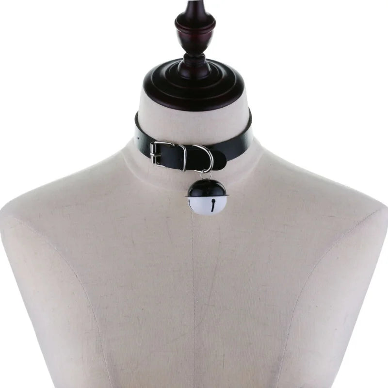 Goth Bell Pendant Necklace Cosplay Vintage PU Leather Statement Necklace