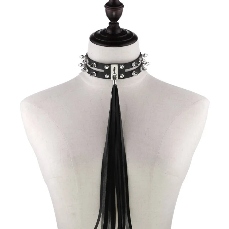 Harajuku Punk Tassel Rivet Choker Leather Torques Necklace Women