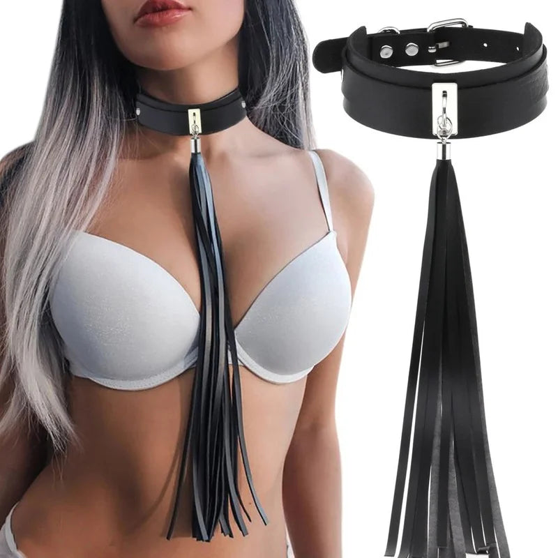 Punk Gothic Leather Tassel Choker Necklace Vintage Statement Jewelry
