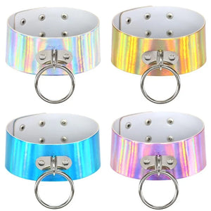 Sexy Laser PU Leather Big Alloy Circle Pendant Short Choker Necklace