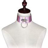 Sexy Laser PU Leather Big Alloy Circle Pendant Short Choker Necklace