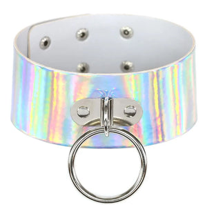 Sexy Laser PU Leather Big Alloy Circle Pendant Short Choker Necklace