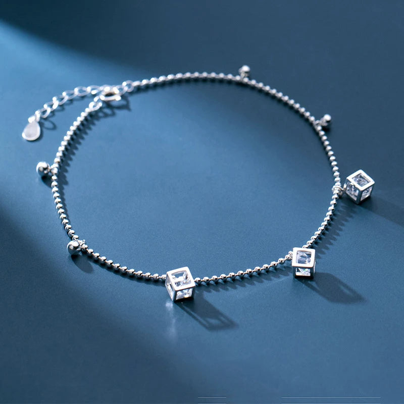 Silver 925 Anklet Bracelet Leg Chain with Zircon Beads