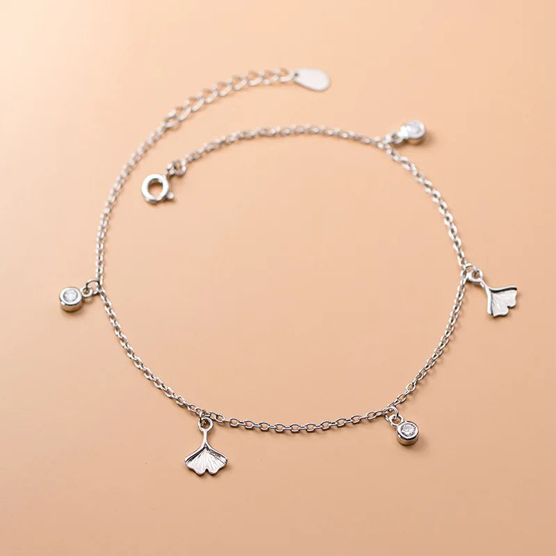 925 Sterling Silver Apricot Leaf Adjustable Anklets for Women