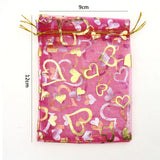 100pcs 9x12cm Deep Pink Heart Brozning Organza Jewelry Gift Bags Wedding Favors