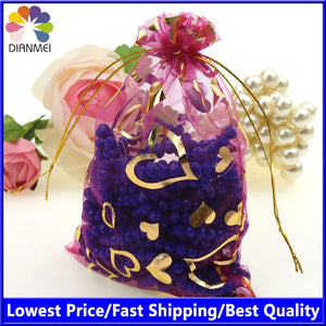 100pcs 9x12cm Deep Pink Heart Brozning Organza Jewelry Gift Bags Wedding Favors