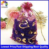 100pcs 9x12cm Deep Pink Heart Brozning Organza Jewelry Gift Bags Wedding Favors
