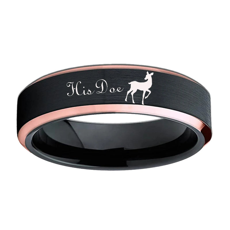 Deer Family Tungsten Ring with Rose Gold Engraving