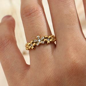 18K Plated Zircon Flower Ring Women Stainless Steel Jewelry Wedding Gift