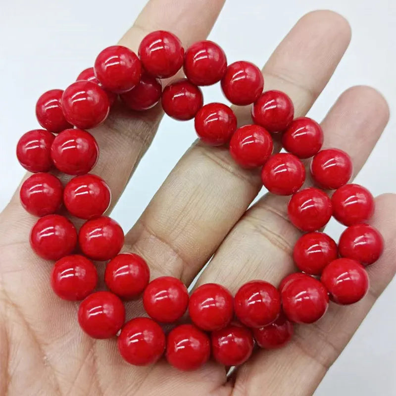 10mm Red Coral Round Beads Stretch Bracelets 7.5 Inch Ladies Glamour Jewelry