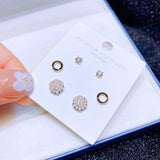 3 Pairs Small Pearl Round Stud Earrings Set CZ Women Jewelry