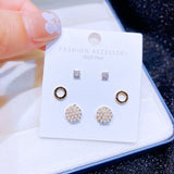 3 Pairs Small Pearl Round Stud Earrings Set CZ Women Jewelry