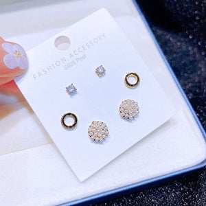 3 Pairs Small Pearl Round Stud Earrings Set CZ Women Jewelry