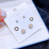 3 Pairs Small Pearl Round Stud Earrings Set CZ Women Jewelry