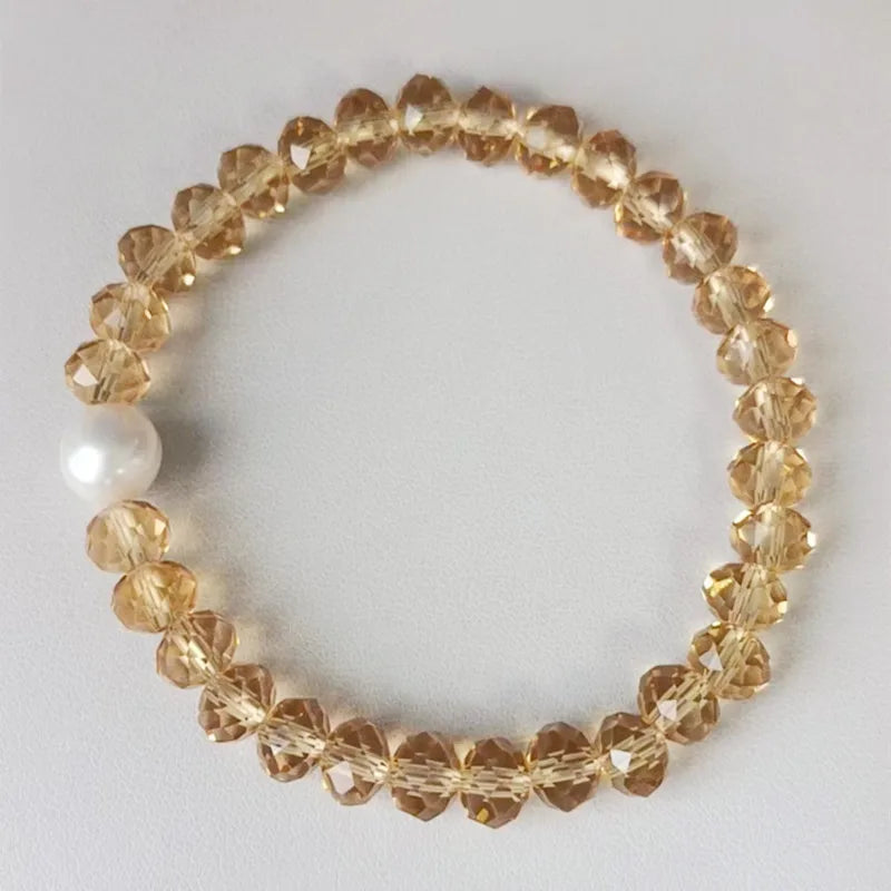 Yellow Crystal & Freshwater Pearl Bead Bracelet 7.5in
