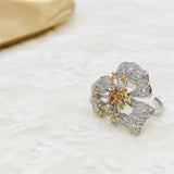 925 Silver Yellow Zircon Flower Ring Ladies 4 Claw Zircon Ring Party Jewelry