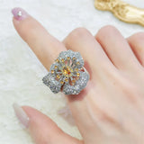 925 Silver Yellow Zircon Flower Ring Ladies 4 Claw Zircon Ring Party Jewelry