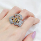 925 Silver Yellow Zircon Flower Ring Ladies 4 Claw Zircon Ring Party Jewelry