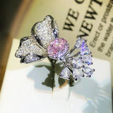 Pink Floral Diamond Adjustable Ring for Women