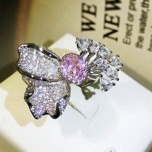 Pink Floral Diamond Adjustable Ring for Women