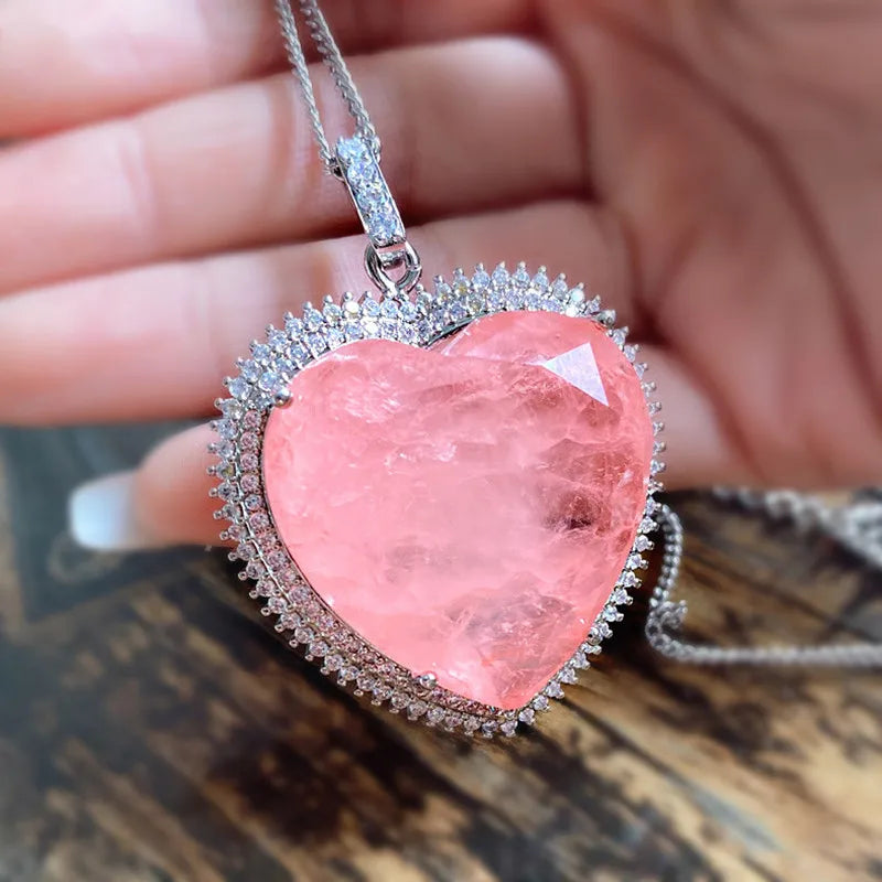 Pink CZ Stone Pendant Necklace Silver Choker Chains