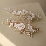 Ceramic Flower Bridal Comb Hair Piece with Pearls & Earrings