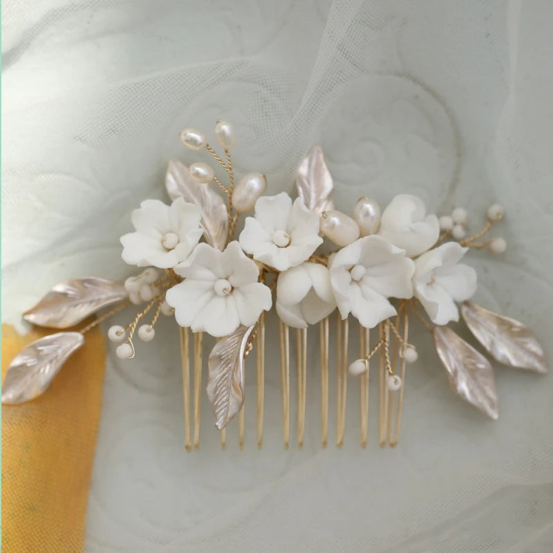 Porcelain Flower Wedding Hair Comb Bridal Headpiece