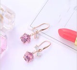 Crystal Star Bow Drop Earrings 925 Silver Zircon Pink Fine Jewelry