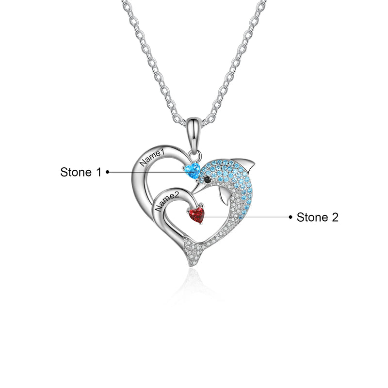 Delicate Dolphin Engraved Name Necklace Heart Pendant Christmas for Mom