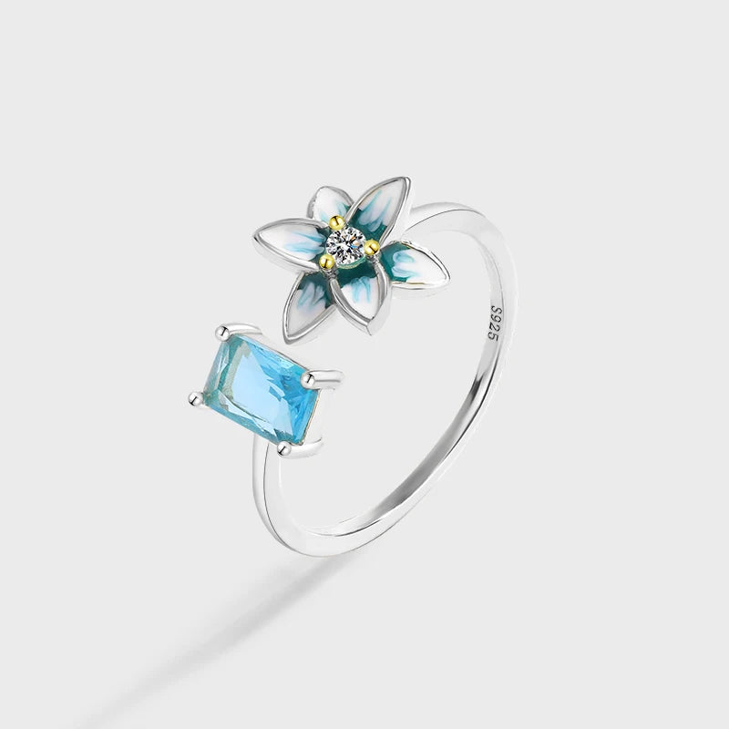 Enamel Sapphire Flower Diamond Couple Ring Women Colorful Silver Bridal Gift