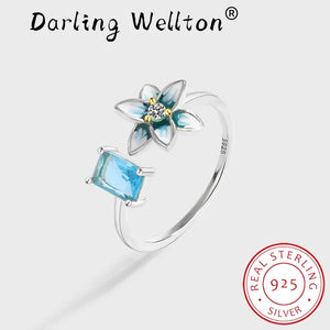 Enamel Sapphire Flower Diamond Couple Ring Women Colorful Silver Bridal Gift