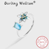 Enamel Sapphire Flower Diamond Couple Ring Women Colorful Silver Bridal Gift