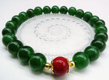 Green Emerald & Red Coral Bead Bracelet 7.5 Inch