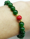 Green Emerald & Red Coral Bead Bracelet 7.5 Inch